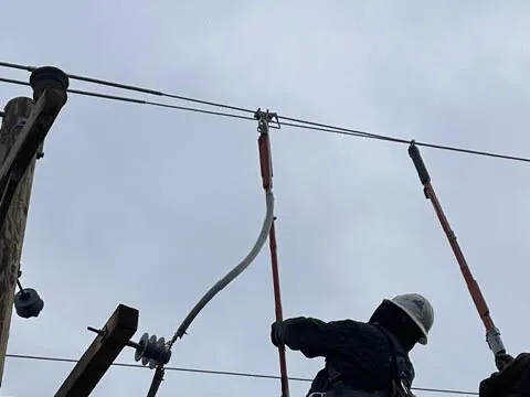 Lineworker wearing a hard hat using insulated tools beneath overhead power lines.